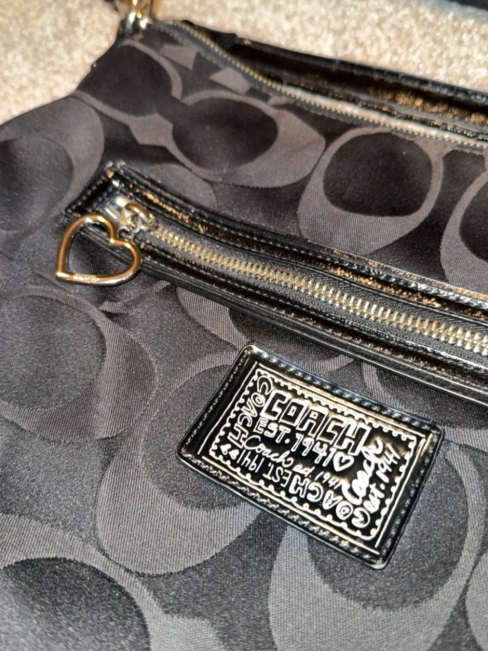 Coach Black Signature Jacquard Crossbody with Heart Charm